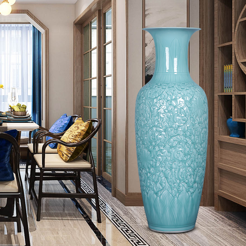 Jingdezhen ceramics craft anaglyph celadon big vase landed furnishing articles large green glaze office sitting room adornment