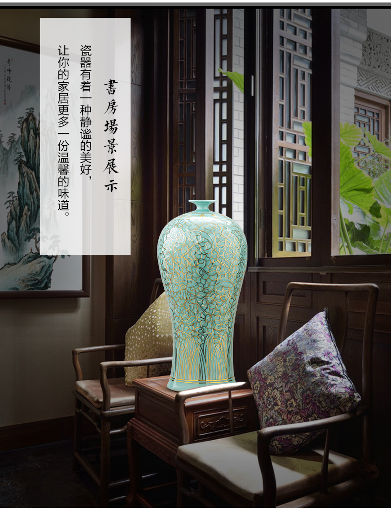 Jingdezhen ceramics vase manual reliefs green glaze decoration paint the living room of Chinese style household office furnishing articles