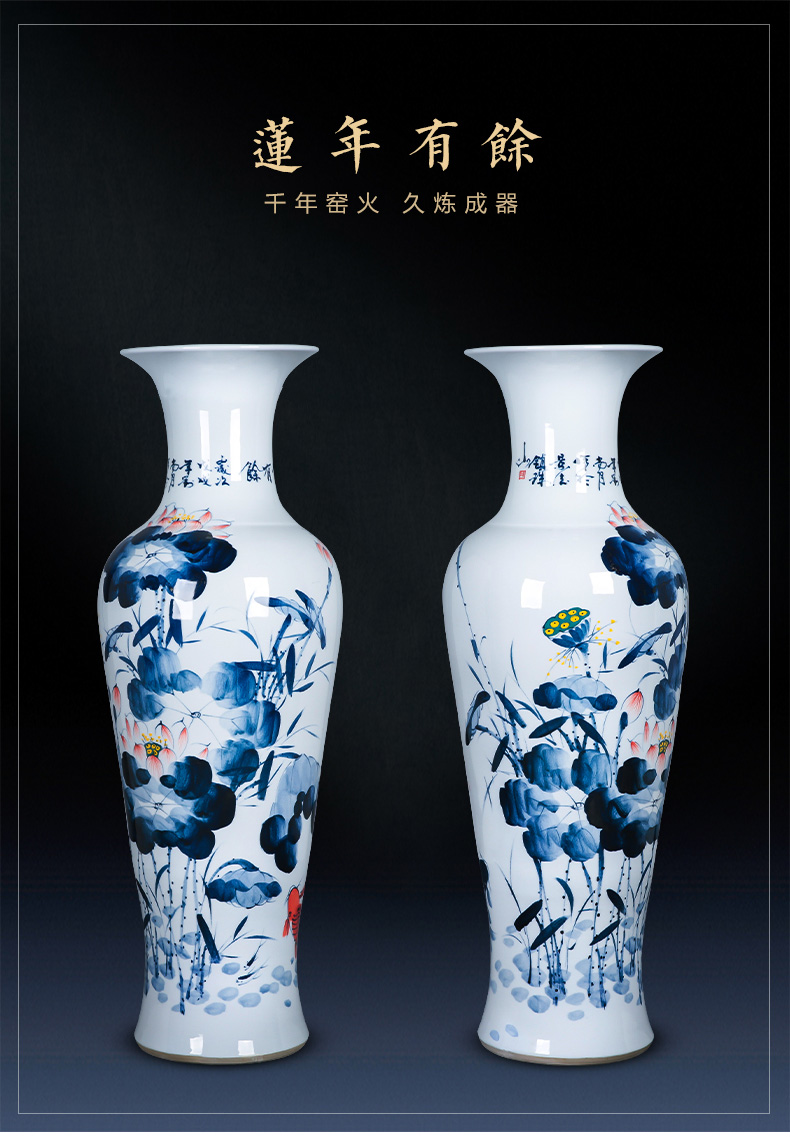 Jingdezhen ceramic vase landing large blue and white porcelain sitting room of Chinese style household hotel furnishing articles hand - made ornaments