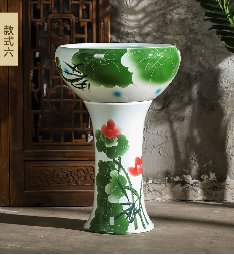 Jingdezhen ceramics pillar landing fish basin large fish bowl lotus lotus lotus tortoise furnishing articles