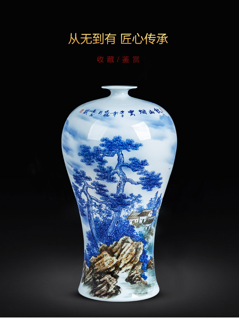 Jingdezhen ceramics hand - made landscape paintings of blue and white porcelain vase mei bottle home office sitting room adornment is placed