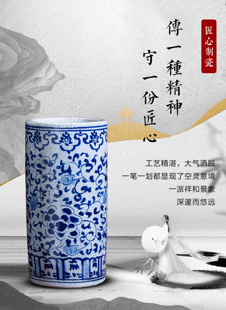 Jingdezhen ceramic hand - made archaize large blue and white porcelain vase painting and calligraphy scrolls cylinder word quiver sitting room floor furnishing articles