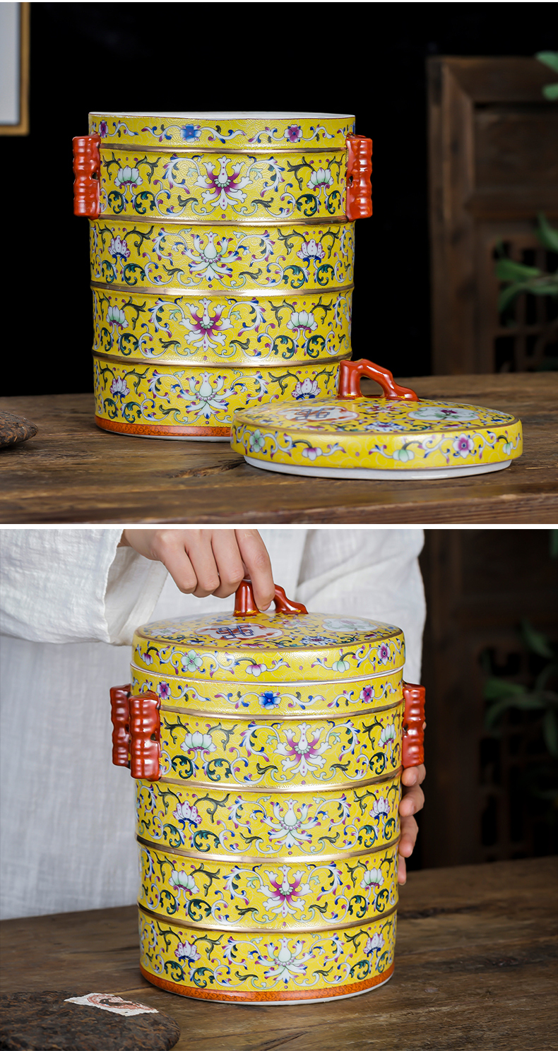 Jingdezhen ceramic tea pot 2 jins colored enamel puer tea cake restoring ancient ways with cover seal tank storage tank