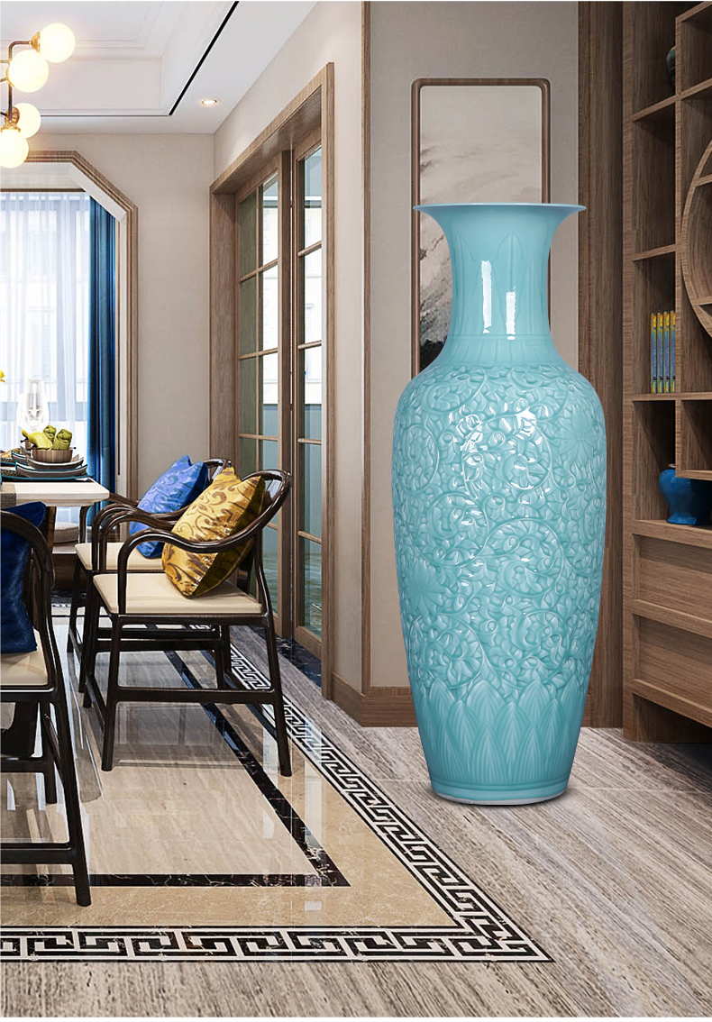 Jingdezhen ceramics craft anaglyph celadon big vase landed furnishing articles large green glaze office sitting room adornment