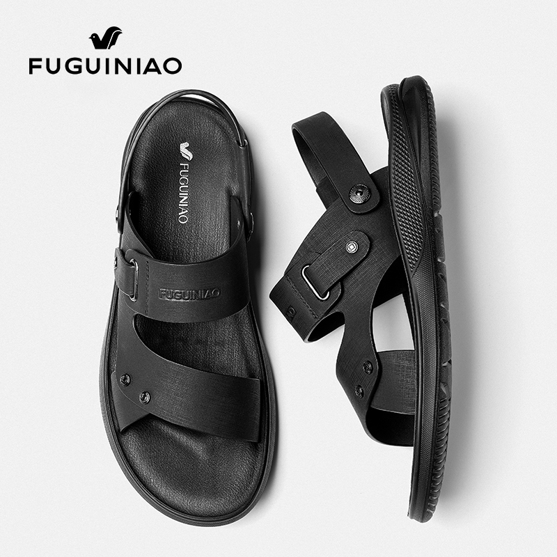 Fugui Bird Men's Shoes Summer Sandals Men Genuine Leather Soft-bottom Casual Beach Shoes Men's Outside Wearing Dual-use Sandals Men