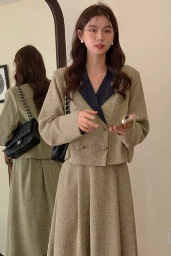 Весенний осенний комплект, ретро костюм, юбка в складку, длинная юбка, в стиле Шанель, французский стиль