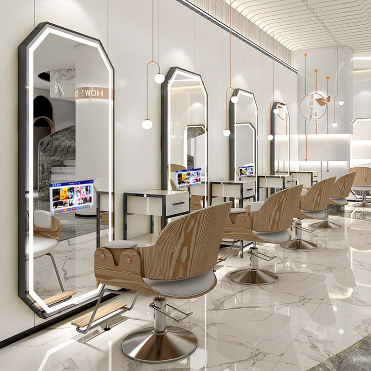 Net Red Beauty Hair Shop Mirror Hair Salon Special double sided stainless steel haircut mirror Terra floor with full-body haircut mirror with lamp