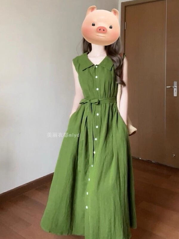 Tea Break French-Style Green Lapel Sleeveless Vest Dress for Women, Summer Forest Style Retro Elegant Waist-Cinching Slimming Long Dress