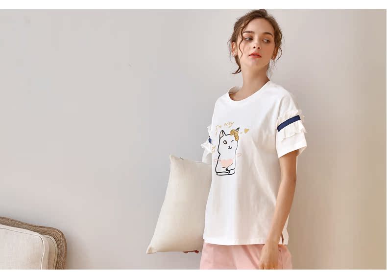 Bộ đồ ngủ của cặp đôi đồ lót nữ mùa hè Han tươi sinh viên phim hoạt hình đồ ngủ cotton ngắn tay cotton phù hợp với nam bộ mặc nhà