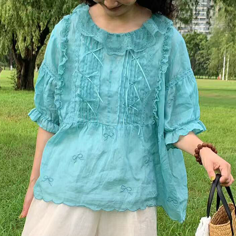 Summer Style Heavy Lace Patchwork Ramie Babydoll Shirt Japanese Style Age-Reducing Embroidered Ruffled Puff Sleeve Short-Sleeved Blouse Summer Style Heavy Lace Patchwork Ramie Babydoll Shirt Japanese Style Age-Reducing Embroidered Ruffled Puff Sleeve Short-Sleeved Blouse