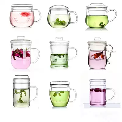 Thickened glass teacup with handle and lid Three-piece cup for men and women to make tea high temperature resistant transparent water cup set Household