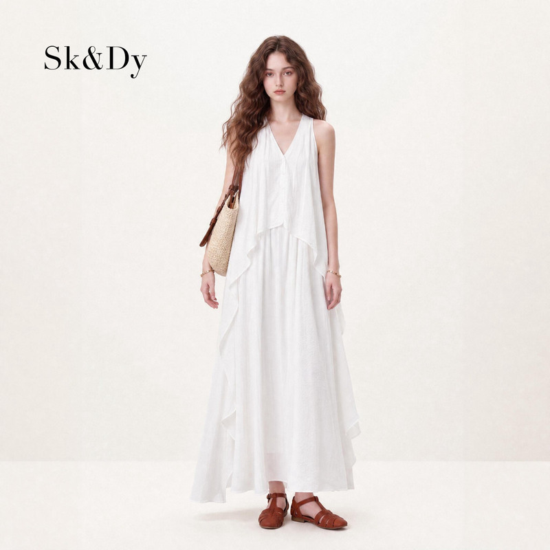 White French Resort Style Two-Piece Sleeveless Vest Dress for Women, Summer 2026 New Irregular Long Skirt with a Large Hem White French Resort Style Two-Piece Sleeveless Vest Dress for Women, Summer 2026 New Irregular Long Skirt with a Large Hem