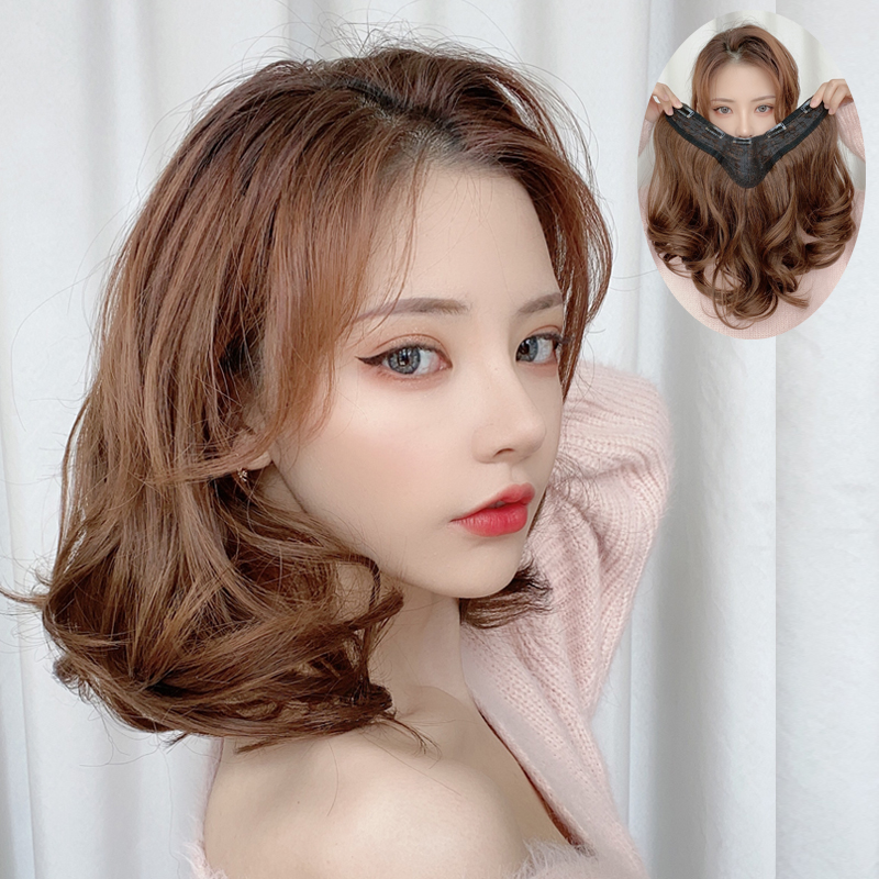 Wig women short hair piece V type large wavy short curl fluffy wig piece invisible markless hair extension wig