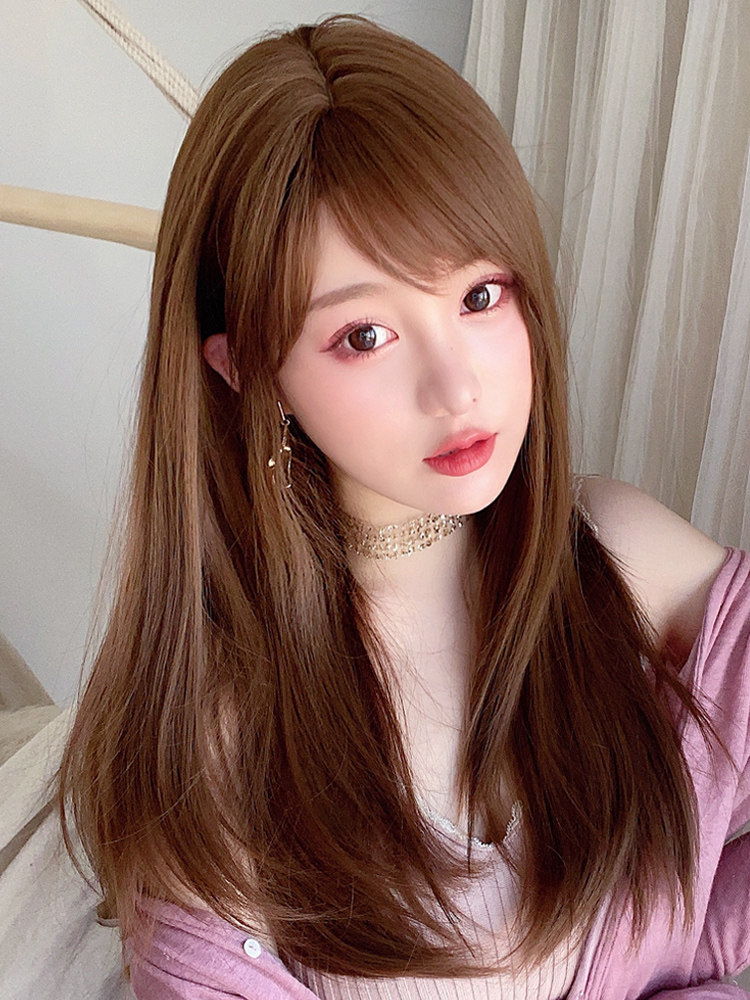 Wig female long hair natural full head cover type repair round face net red long straight hair type natural realistic wig set Korea