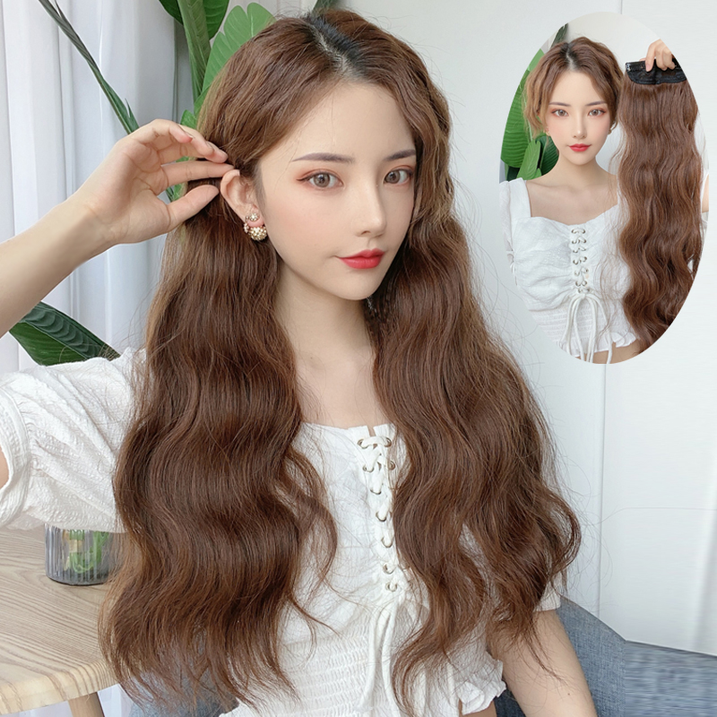 Corn perm wig sheet female long curls increase hair volume one piece fluffy non-marking real hair natural invisible big wave Han