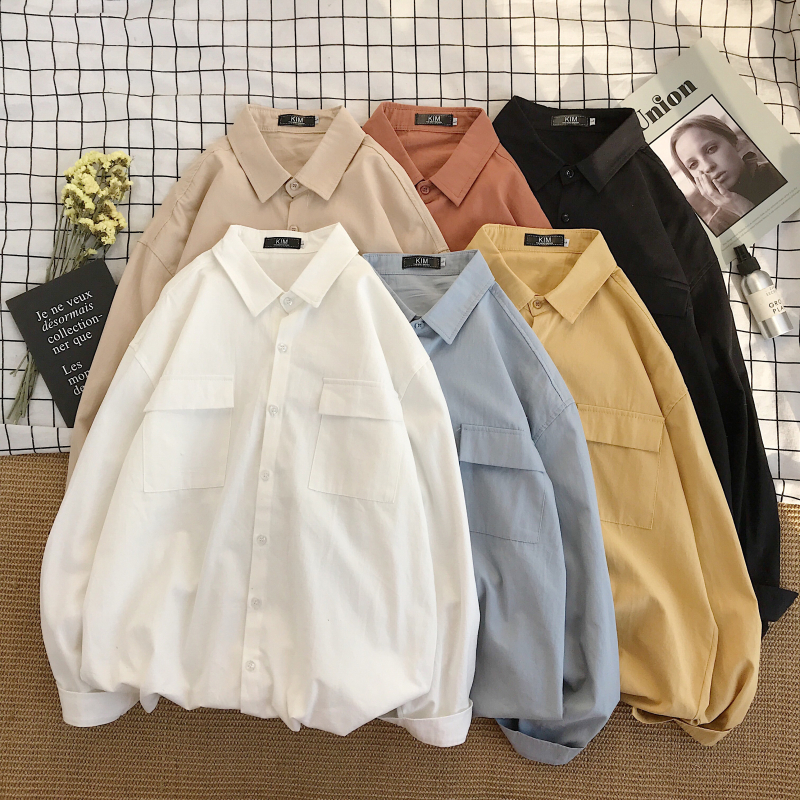 Zijun Autumn New Korean trend men loose solid color wild tie shirt Hong Kong wind youth couple base shirt