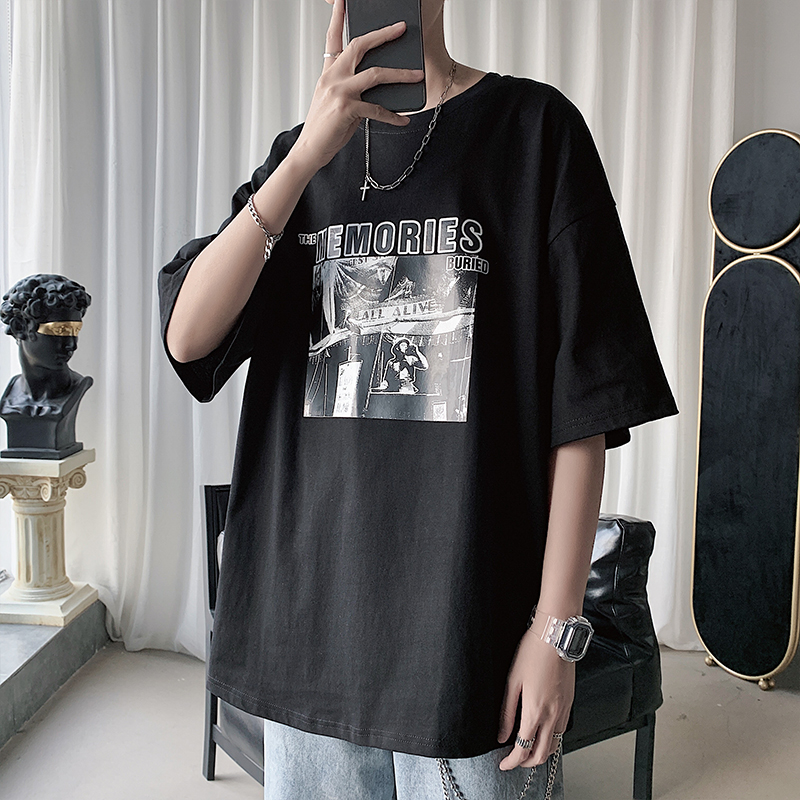Sub-handsome men's clothing T-shirt men's fashion dark black ensemble short sleeve Korean version loose night store printed 50% sleeve T-shirt blouses