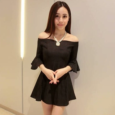 Mùa xuân và mùa hè mới sexy mỏng cổ tích rắn màu một đường cổ áo quây váy tay loe cộng với kích thước phụ nữ đặt làm theo yêu cầu - váy đầm