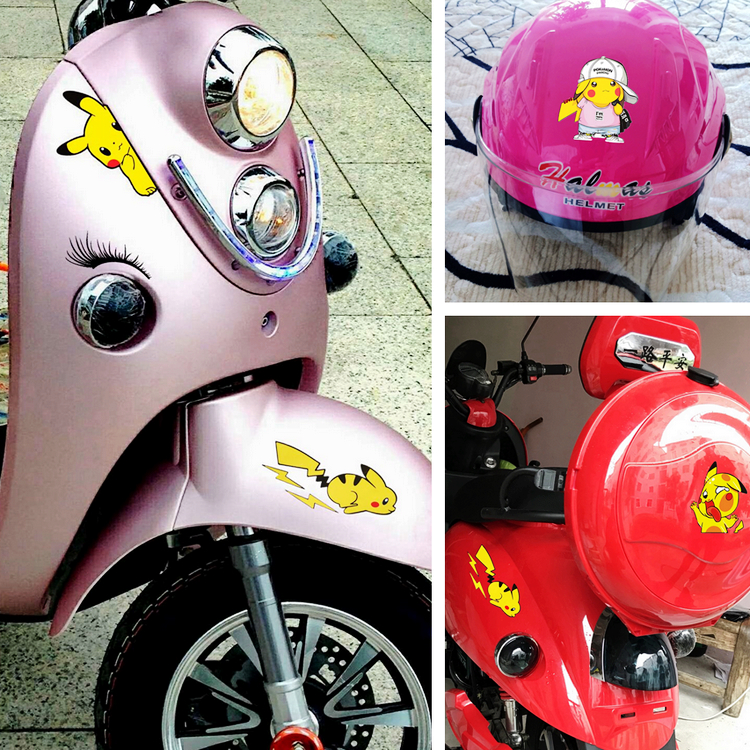 Pikachu small electric donkey bottle electric motor body safety helmet personality cute waterproof sunscreen reflective decorative sticker flower
