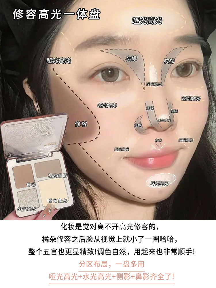 Тени для век 李佳琪推荐四色高光修容一体盘哑光珠光提亮面部立体鼻影阴影闪粉 Maffick