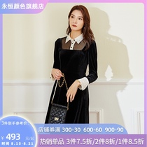  Eternal color Hepburn style French coffee break retro long-sleeved velvet light luxury socialite temperament dress goddess fan