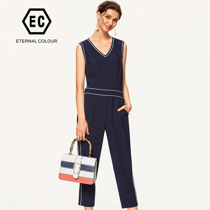 永恒颜色2018夏装时尚V领无袖套装个性拉链女