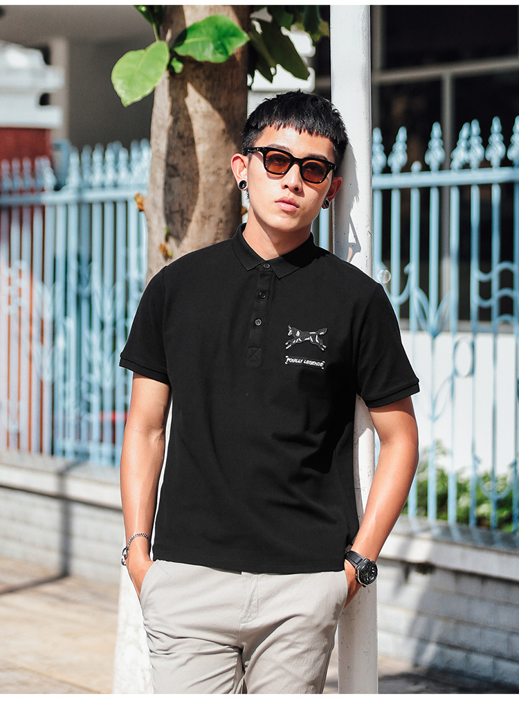Vải Huyền thoại Mùa hè Động vật Thêu Ve áo Slim Polo Áo thun nam ngắn tay Áo sơ mi Thanh niên polo nam
