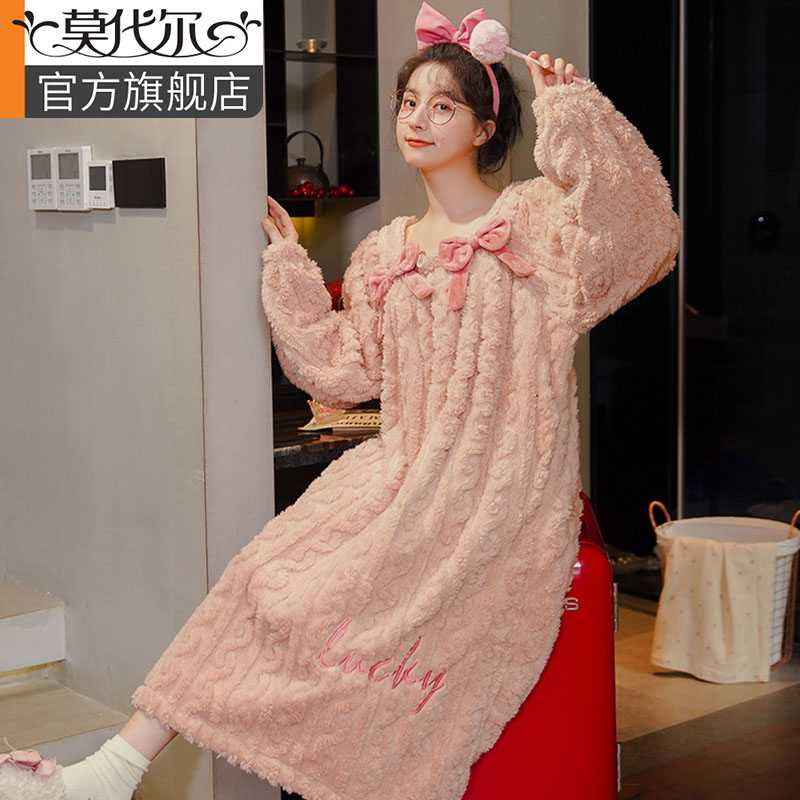 Coral Suede Sleeping Dress Woman Long Sleeve Plus Suede Thickening 2023 New Pink V Collar Jacquard Suede Pyjamas Winter Mid-Taobao
