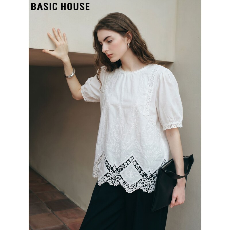 Basic House/Baijiahao Lace Hollow-Out Round-Neck Short-Sleeve Shirt for Women, Summer Design Pure Cotton Shirt