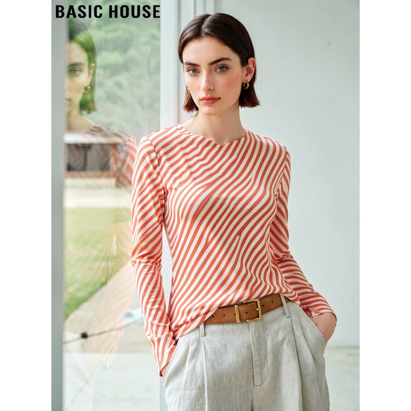 Basic House/Baijiahao Red Diagonal Striped Round Neck T-Shirt Women's Autumn French-Style Loose Long-Sleeved Top Basic House/Baijiahao Red Diagonal Striped Round Neck T-Shirt Women's Autumn French-Style Loose Long-Sleeved Top