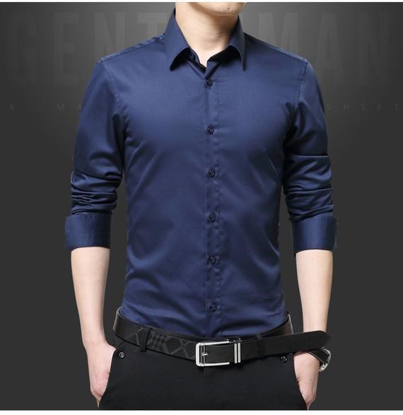 Áo sơ mi nam trung niên phần mỏng Phiên bản Hàn Quốc của áo sơ mi mùa thu dài tay áo sơ mi màu tối áo sơ mi cộc tay