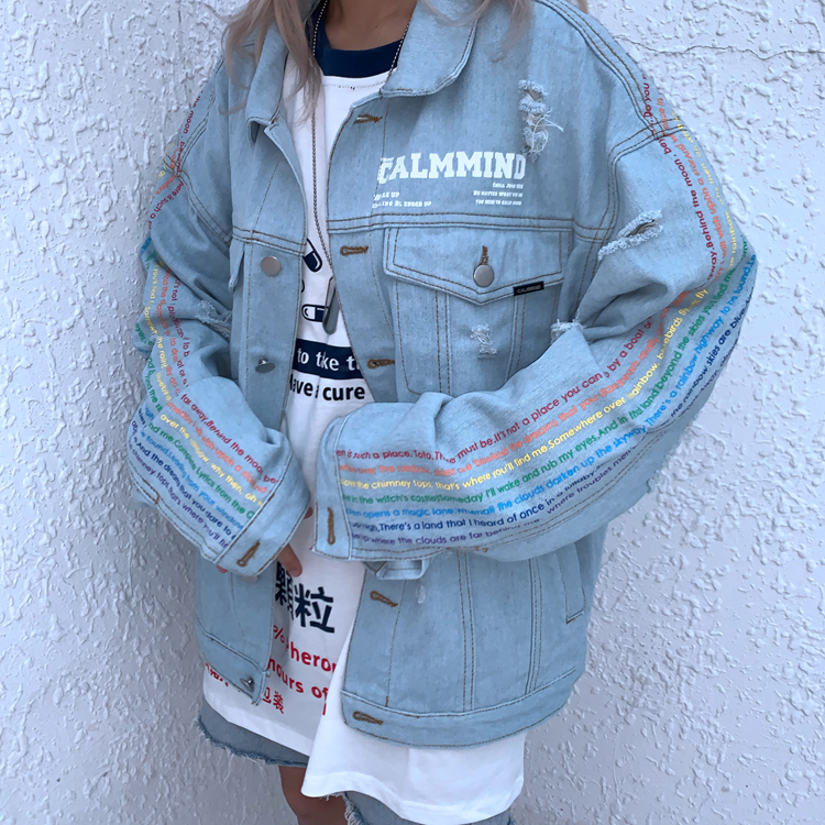 Calmmind 19SS Rainbow Letter Quần áo denim Nam và nữ Loose Print Áo khoác được giặt - Cao bồi quần bò ống rộng nam