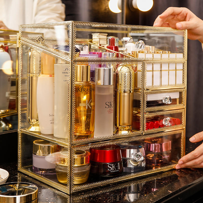 Copper glass cosmetic storage box advanced dust-proof lipstick makeup brush large-capacity desktop makeup rack light luxury