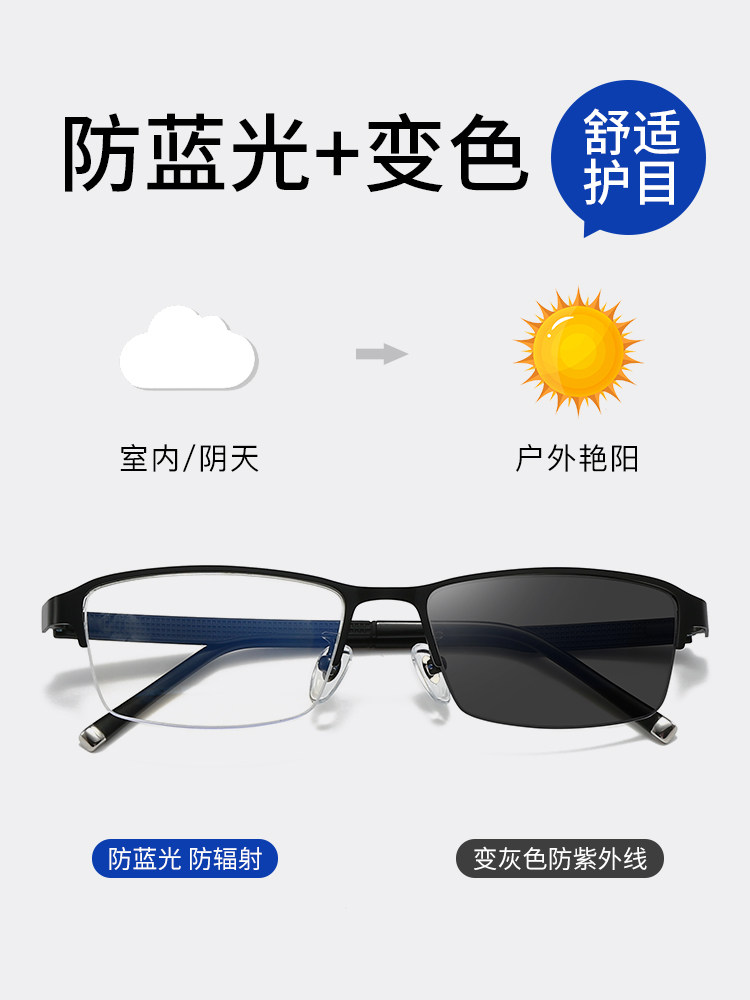 Men's Business Half-Frame Glasses, Anti-Blue Light Radiation, Anti-Fog, Myopia Glasses, Can Be Customized with Prescription, Photochromic, Non-Prescription Glasses for Men