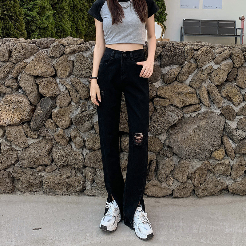 Black wide-leg trousers with high waist slit and hole ripped jeans for women's summer new style loose straight tube drape feel slits and floor-dragging trousers trend