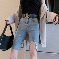 High-waisted denim shorts womens 2021 summer hole outside wearing tight pants thin riding net red five-point pants tide
