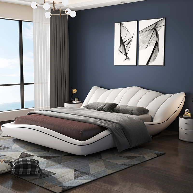 Genuine Leather Bed, Modern and Simple, Master Bedroom Wedding Bed, Italian Minimalist Double Bed, 1.8m High-End and Elegant New Style Upholstered Bed