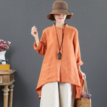 Upright Collar Pure Linen Art Cotton Hemp Big Code Autumn Dress Womens Front Short Rear Long Display Slim Long Sleeve Shirt 2113