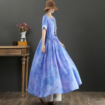 September Card original design pure Hemp Large Pendulum Skirt Big Code Triangle Neckline Drawing Rope Short Sleeve Dress 9228