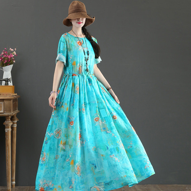 September Kaka Original Design High Count Pure Hemp Large Swing Skirt Round Neck Short Sleeve Long Dress 3501