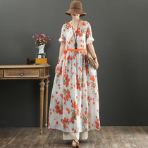 September Card Original design Pure Hemp Big Code V Character Lead Drawing Rope Sensible Slim Short Sleeve Long Skirt Dress 9210