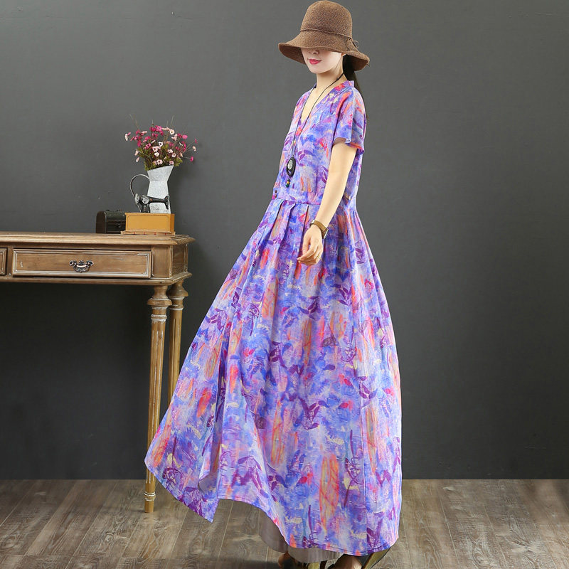 September Card pure Hemp Original Design High Branch High-end Display Slim Large Hem Skirt Long Skirt Short Sleeve Foreign Dress 9062