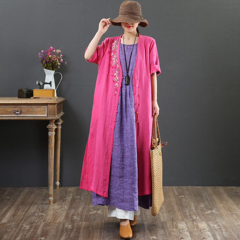 Pure Hemp Summer Mounted Air Conditioning Shirt Cotton Linen Embroidered large size Dress Literary cardiovert jacket Long version of open fork 6979