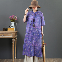 Summer Art retro Ancient Ramee Improvement China Wind Disc Buckle Printed Big Code Medium Long short sleeve Lie dress 6924