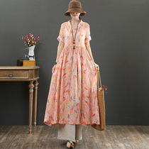 September Card Original Pure Hemp Printed V Collar Long Skirt Art Big Code Short Sleeve Large Swing Long dress 2160 Lie dress 2160