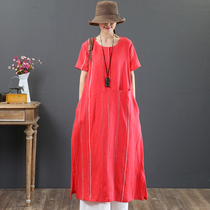 Pure Linen Art Big Code Cotton Hemp Vertical Striped Short Sleeves A Character Long Dress Woman Summer Dress Short Sleeve Dress 3323
