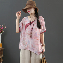 September Card pure Hemp V Collar Shirt Big Code Art Summer Short Sleeve Printed Short jacket 1172