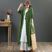 Summer art retro folk customs cotton numb large code loose in long style with cap disc buckle short sleeve cardiovert jacket 6912