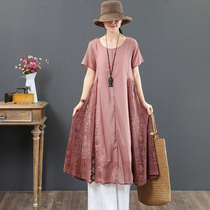 September kaka art big code lace dress children summer 2018 new short sleeves large swing loose dress with long dress 3312