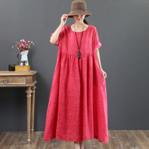 September kaka art big code women dress ramee large swing loose skirt short sleeves expats slim and long style dress 3250